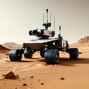 A Large Robotic Vehicle Is Sitting In A Desert Landscape