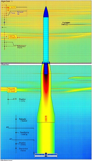 A Computer-generated Image Of A Rocket Engine, With A Blue And Yellow Color Scheme