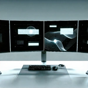 Business Concept Art: Education professional using multiple monitors