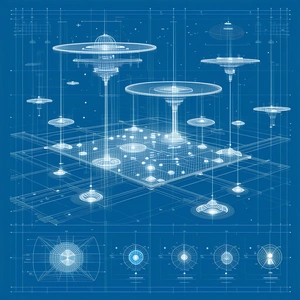 The Image Is A Blue And White Drawing Of A Futuristic City