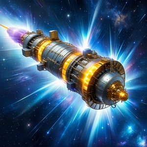 A Large Spacecraft With A Yellow And Blue Color Scheme, Traveling Through The Vast Expanse Of Space