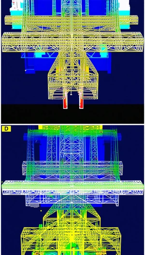 The Image Is A Split Screen Of A Large Structure, Possibly A Bridge Or A Building