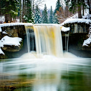 Nature Commercial Photography: Waterfall Pool Surrounded By (snow:1.21)-covered Trees With Beautiful Waterfall