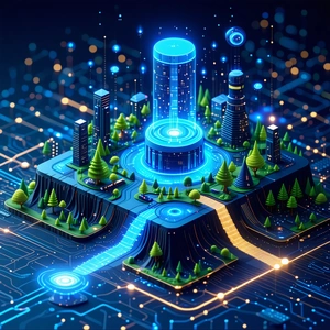 There is a futuristic cityscape with a large tower in the center.
