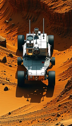 A Large White Vehicle, Possibly A Tank Or A Rover, Driving On A Dirt Road