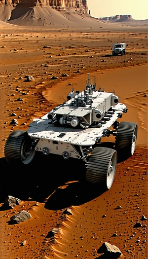 A White And Grey Robotic Vehicle, Possibly A Rover, Driving Across A Dirt Field