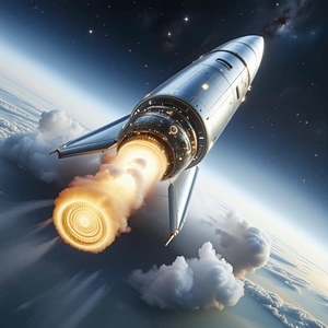 A Rocket Is Shown In Flight, With Its Engine On