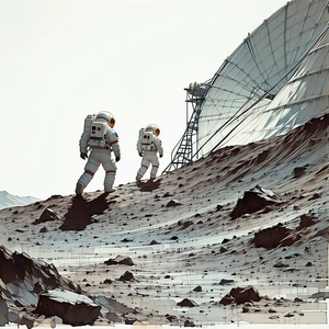 In The Image, There Are Two Astronauts Walking On A Rocky Surface, Possibly On The Moon