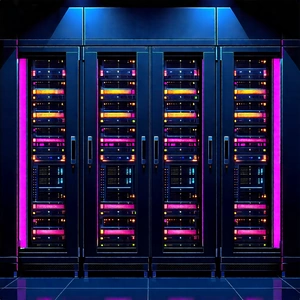 Tech Woodcut Print: Server Rack With Neon Accents With Large, Multi-colored