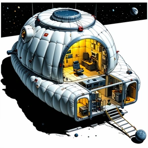 The Image Is A Cartoon Drawing Of A Space Station, Which Appears To Be A Large White Dome