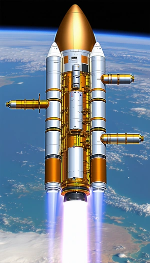 A Space Shuttle Is Shown In A Close-up View, With Its Engines Lit Up