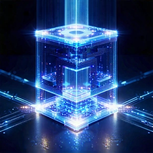 Tech Blender Artwork: Quantum Computer With Holographic Projection With Large, Three-dimensional