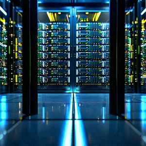 Server Rack With Data Streams With Large, Blue-lit