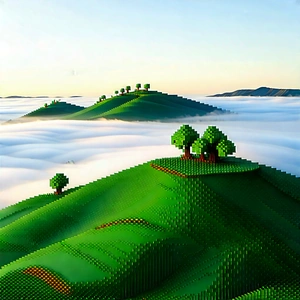 Nature Voxel Art: Rolling Hills During Foggy Morning With Computer-generated, Three-dimensional