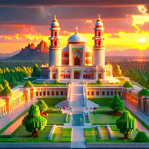 Urban Voxel Art: Historic monument with sunset glow