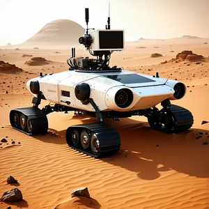 A White Robotic Vehicle With A Large Screen On Its Front