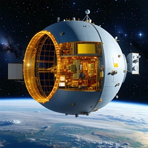 A Large, Round Spacecraft Floating In The Sky