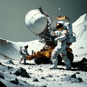 In The Image, There Are Two Astronauts Standing On The Moon, With One Of Them Holding A Rope