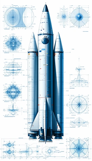 A Blue Rocket Ship Is Shown In A Series Of Blueprints