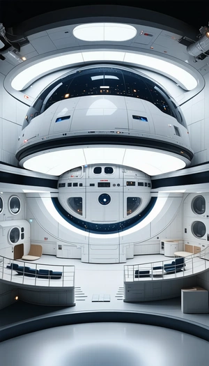 A Futuristic Space Station With A Large, Open Room Filled With Various Pieces Of Furniture