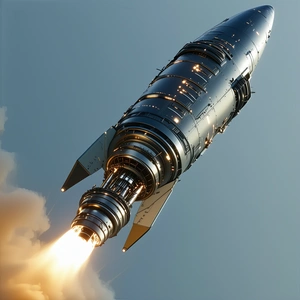 A Rocket Is Flying Through The Sky, With Its Engine On