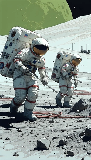 In The Image, There Are Two Astronauts Wearing White Suits And Carrying A Red Rope
