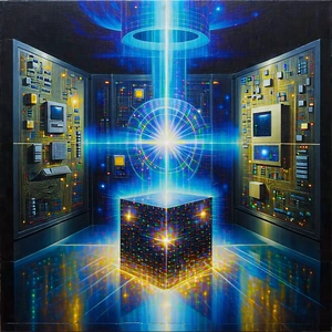 Tech Oil Painting: Quantum computer with laser scanning