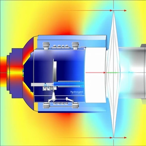 A Blue And White Machine Is Shown In A Yellow And Blue Background