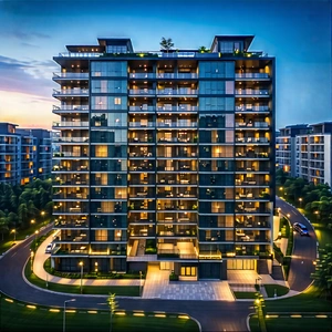 Urban Drone Photography: (modern:1.21) Apartment Complex With Dramatic Lighting With Large, Modern