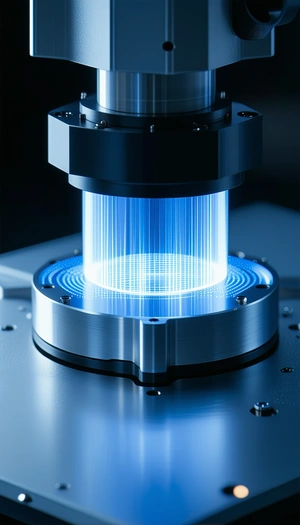 A Large, Blue, Glowing Machine With A Clear Glass Top