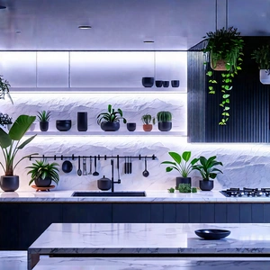 Lifestyle Diagram Style: Modern Kitchen With Plants And Natural Elements With Large, Modern
