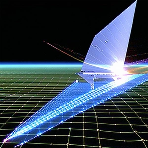 A Blue Sailboat Is Shown In A Futuristic Setting, With A Blue Background And A Green And White Sail