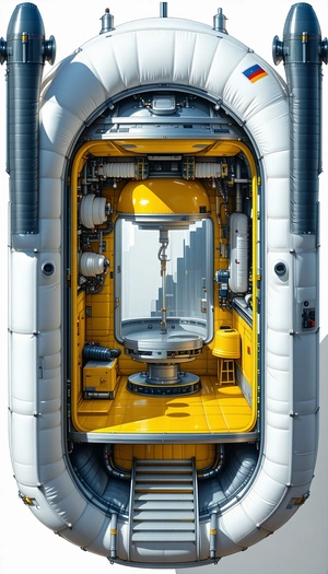 A Yellow And White Space Ship Is Shown In A 3d Rendering