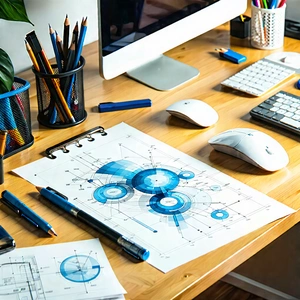 Business Technical Illustration: Workplace with productivity tools on desk
