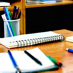 Business Hdr Photography: Workplace with notebooks and pens on desk