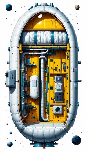 In The Image, There Is A Large, Yellow, And White Spacecraft With A Hollowed-out Center