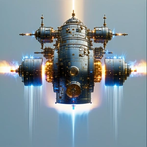 A Futuristic Spacecraft With A Blue And Gold Color Scheme