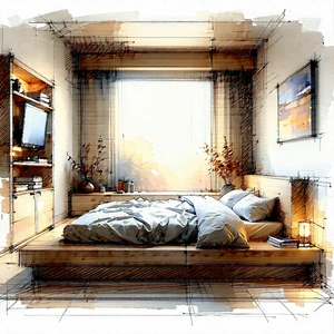 Lifestyle Pencil Sketch: Bedroom Sanctuary With Organized Space With Painting Bedroom