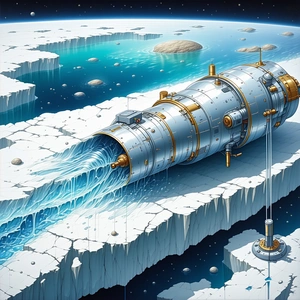 In The Image, There Is A Large Silver Spacecraft With A Blue And White Interior, Floating In The Air