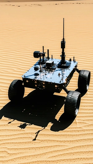 A Futuristic Robotic Vehicle With Four Wheels, Sitting In A Desert-like Environment