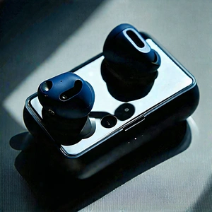 Tech Editorial Photography: Wireless Earbuds With Digital Artwork With Black Cell