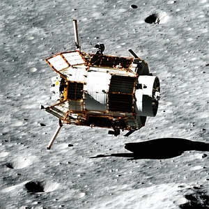 A Small Spacecraft Is Seen Flying Over A Rocky Surface, Possibly A Moon Or A Planet