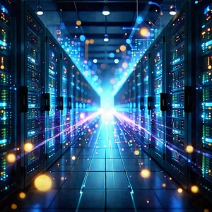Server Rack With Data Streams With Futuristic Representation
