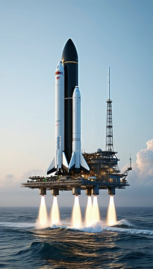 A Large Space Shuttle On Top Of A Floating Platform, Which Is Likely A Space Station
