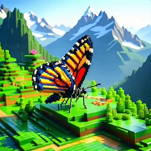 Nature Voxel Art: Butterfly in mountain terrain