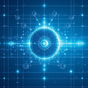 A Blue And White Background With A Large, Circular, Blue Object In The Center
