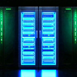 Server Rack With Blue Light Glow With Large, Blue-lit