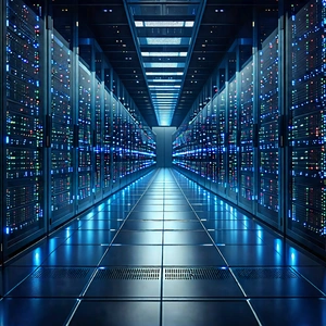 Tech Digital Illustration: Server Rack With Digital Particles With Large Computer