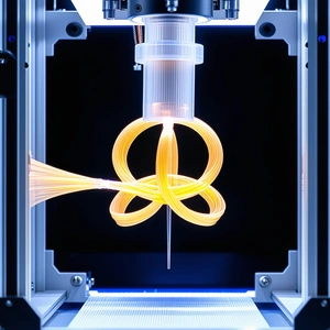 A Machine, Possibly A 3d Printer, Creating A Yellow And Orange Twisted Design