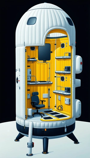 In The Image, There Is A Large, Yellow, And White Spacecraft With A Room Inside